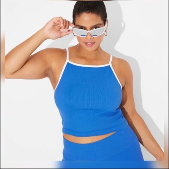 NWOT Wild Fable XXS Blue White Crop Top Ribbed Sleeveless Retro Tank Top - Picture 4 of 6